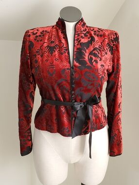 Red & Black Jacquard Silk blend Velvet Fitted Blazer Blouse